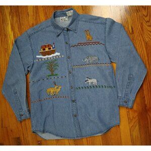 WOMEN'S NOAH'S ARK THEMED DENIM BUTTON-UP SHIRT - SIZE L - WAY TO GO